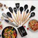 Kit Premium de Utensílios para Cozinha em Silicone e Bambu – 12 Peças